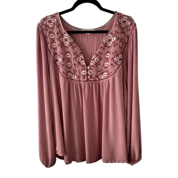 Nurture By Westbound Tops - Nurture By Westbound Blouse Womens 3X Peasant Boho Pink Embroidered Plus Size